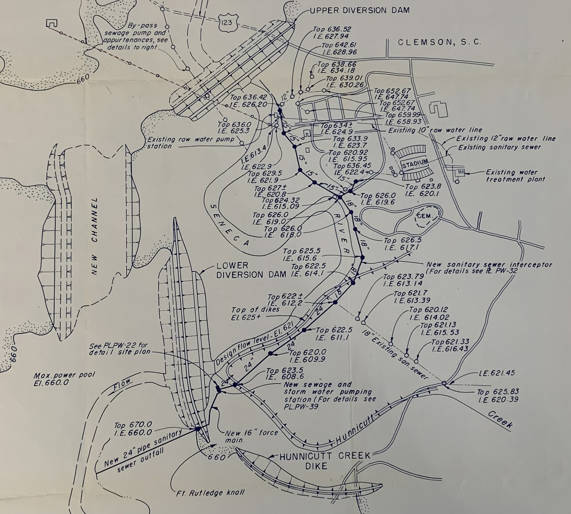 Site plan for the dikes on campus in 1960.