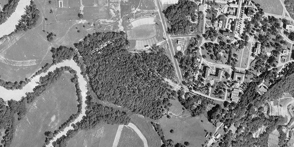 1944 aerial photo of campus after stadium is built.