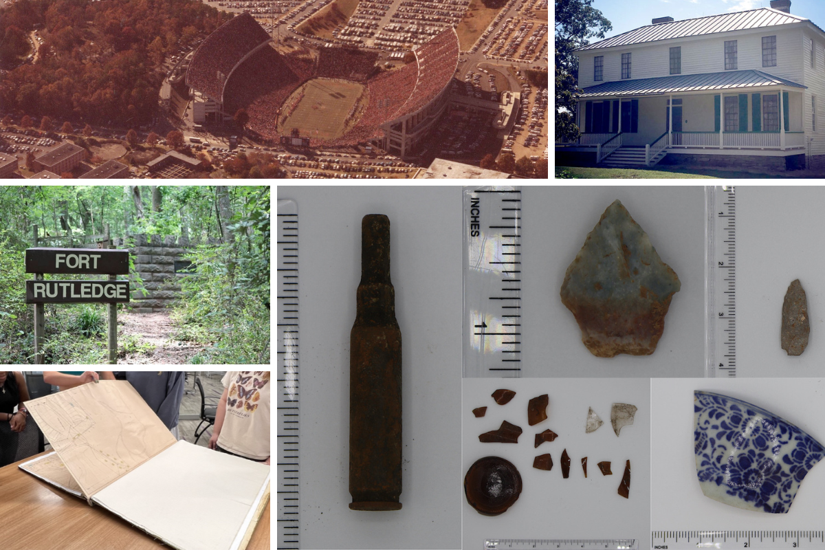 A collage of activities for camp like historic site tours and archaeological digs.