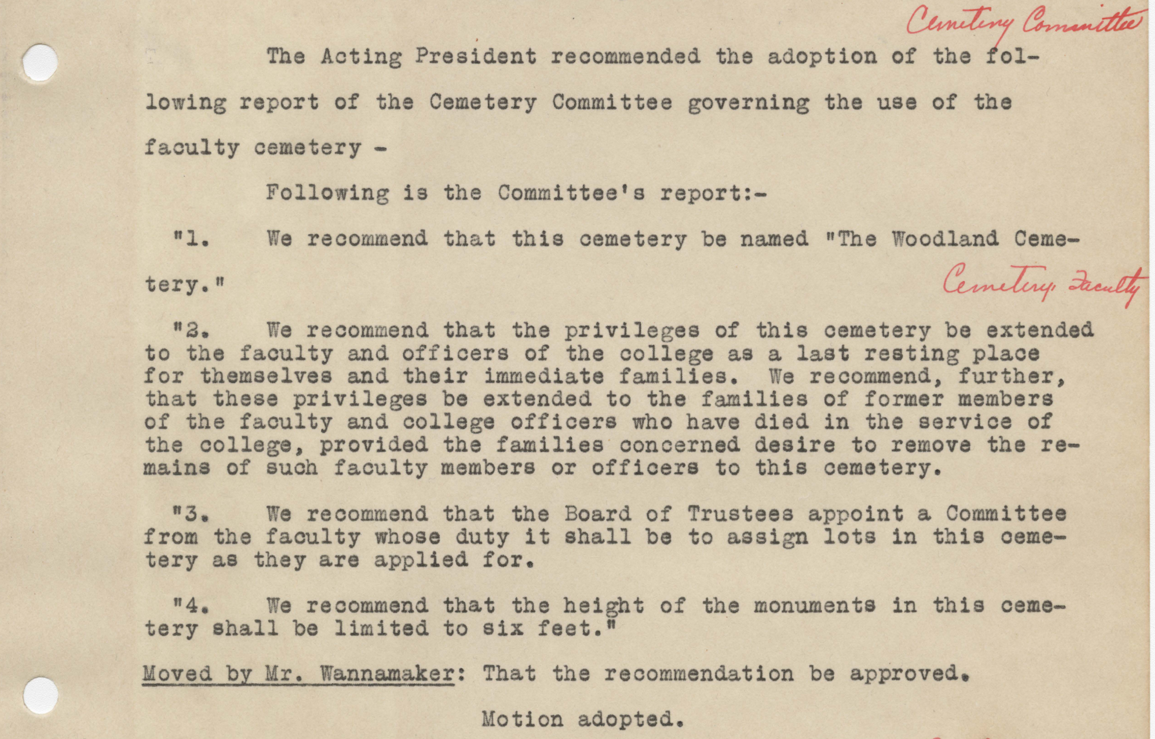 Minutes from the Clemson Board of Trustees meeting approving the faculty cemetery in July 1924.