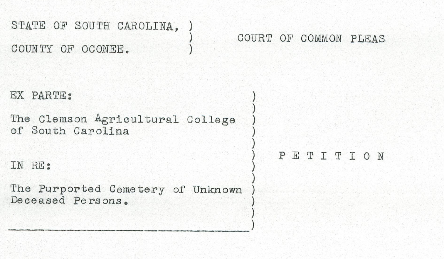 Screenshot of the first page of Clemson's petition to Oconee County Court in 1960.