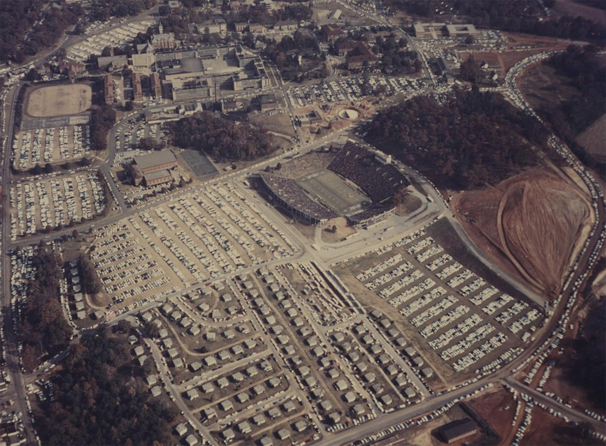 Construction in the lower, wester part of Cemetery Hill occurs duing a home football game in the fall of 1960.