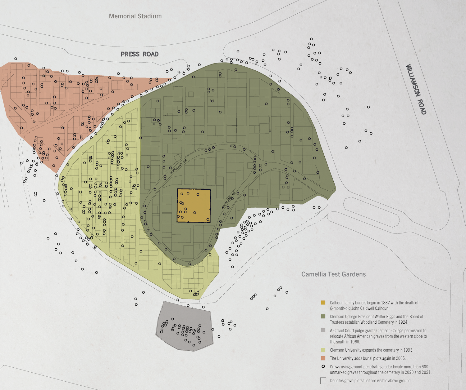 Map of Woodland Cemetery showing unmarked graves recovered through GPR.