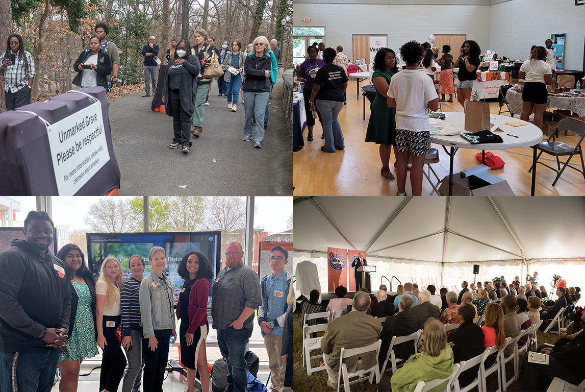 A collage of photos from community and student events about Clemson history and the cemetery.