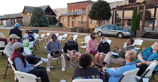 A group discusses a local Black history trail at a public community meeting in Seneca, South Carolina.