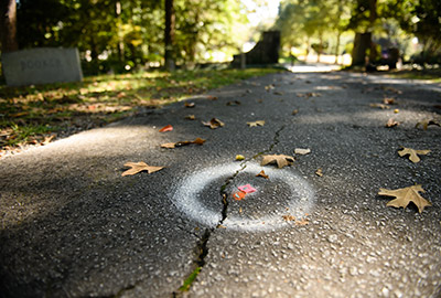 White circles signify unmarked graves under the pavement in Woodland Cemetery.