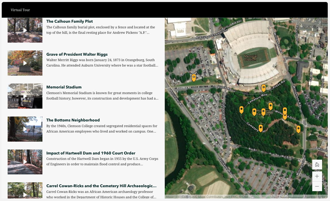 A screenshot of the cemetery virtual tour showing the stops and the map.
