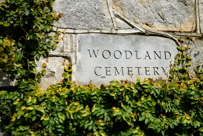 Entrance sign for Woodland Cemetery.