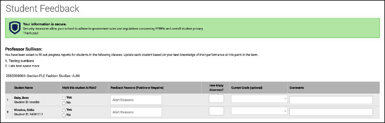 Student feedback form interface showing a privacy notice and a table to mark students at risk, select feedback reasons, enter absences and current grade, and add comments.