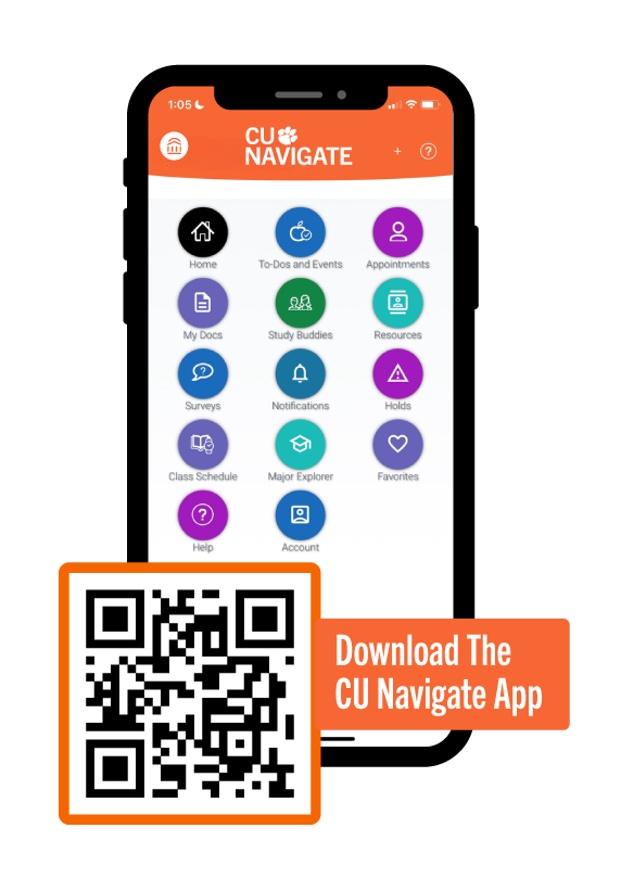 A screenshot of the CU navigate homepage with a QR code link to the appstore to download the app.
