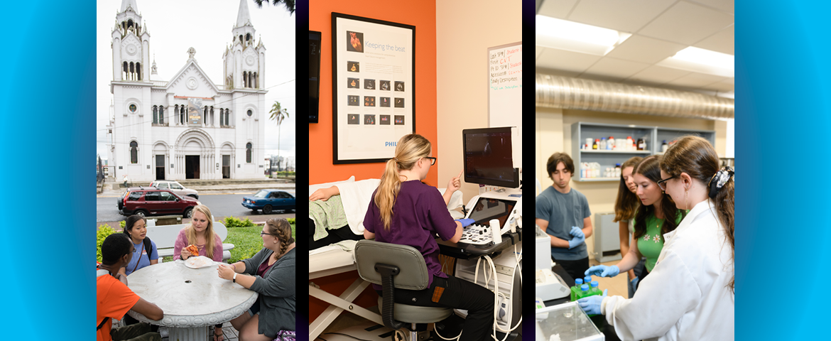 Collage of students who are abroad, performing a medical procedure and working in a laboratory 