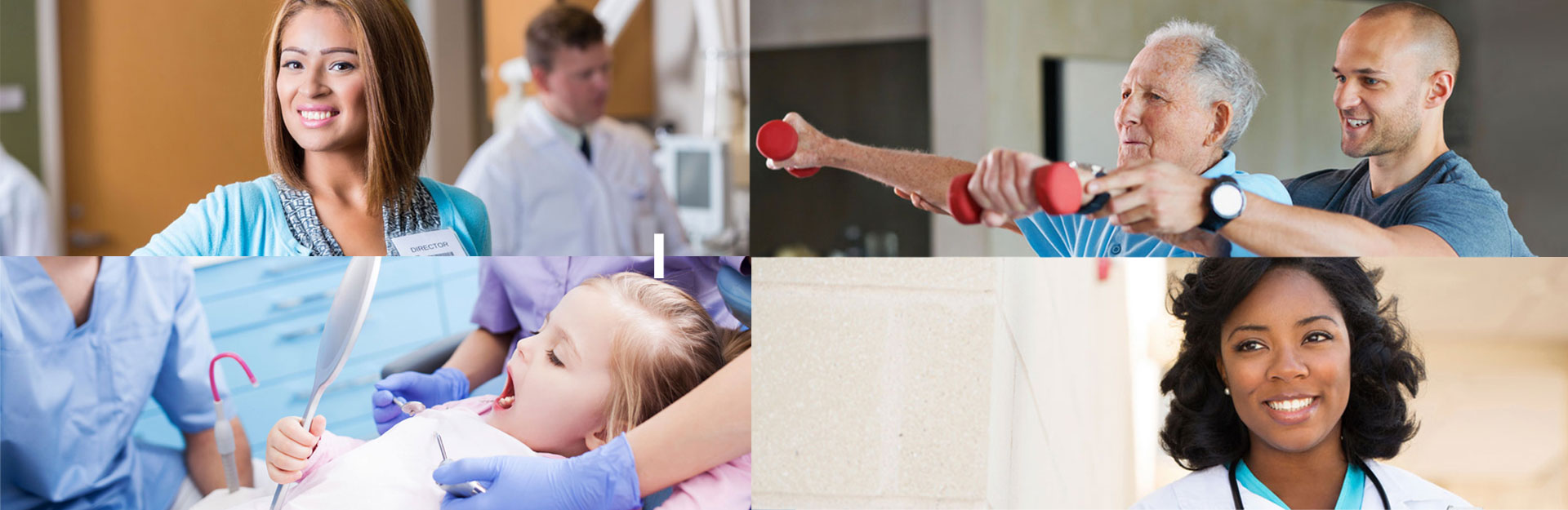 A composite image showing health professionals at work in their various fields included doctors, dentists, and administrators.