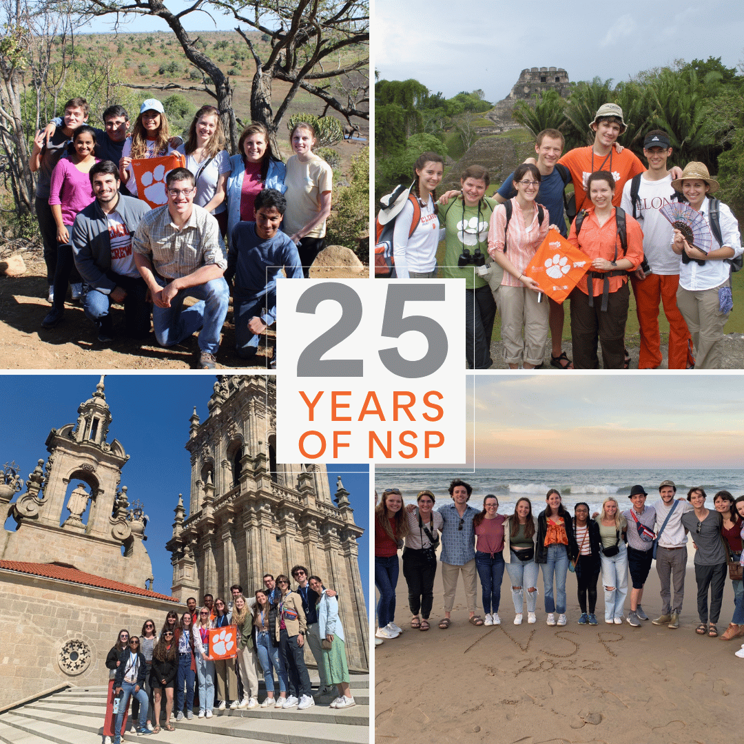 Four photos of students posing on international trips. Text in the middle of the photo collage says, "25 years of NSP."