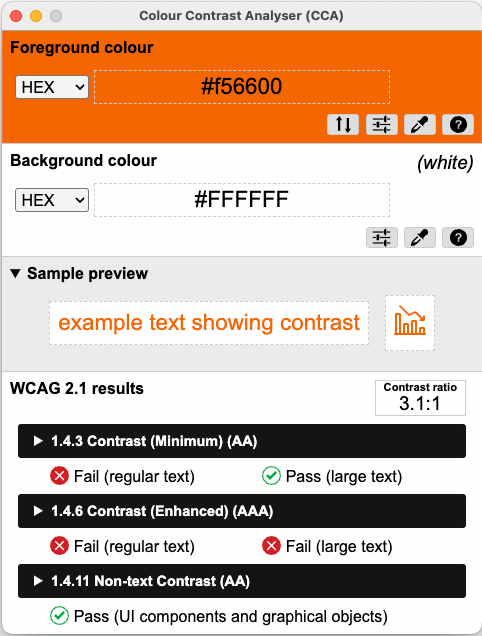 screenshot of colour contrast analyzer showing poor contrast with clemson orange against white