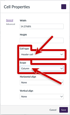 screenshot of the table cell properties dialog box with cell type and scope highlighted