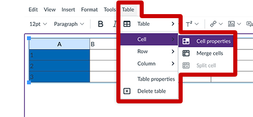 screenshot of the table cell properties menu options in Canvas