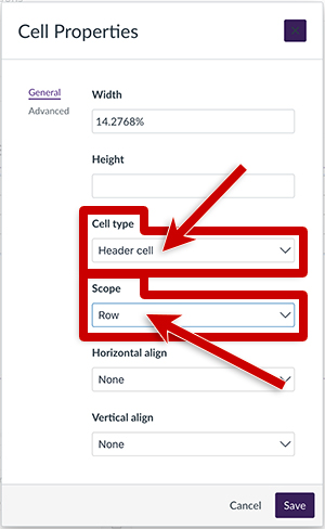screenshot of table cell properties dialog box with cell type and scope highlighted