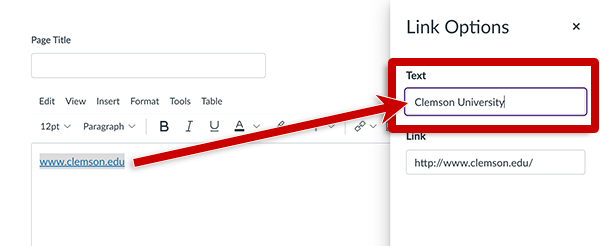 screenshot of a fields to edit a link in a canvas page