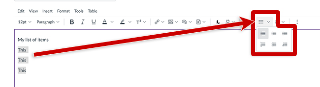 screenshot of list options in canvas