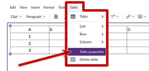 screenshot of the table properties menu in Canvas