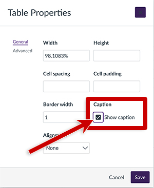 screenshot of the table properties dialog in Canvas highlighting the Caption options