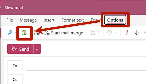 Screenshot identifying the accessibility checker from the Options menu in Outlook for Windows.