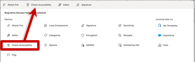 screenshot of window to add widgets to composing email in outlook