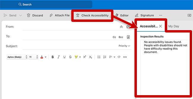 screenshot of accessibility checker open in a new outlook message