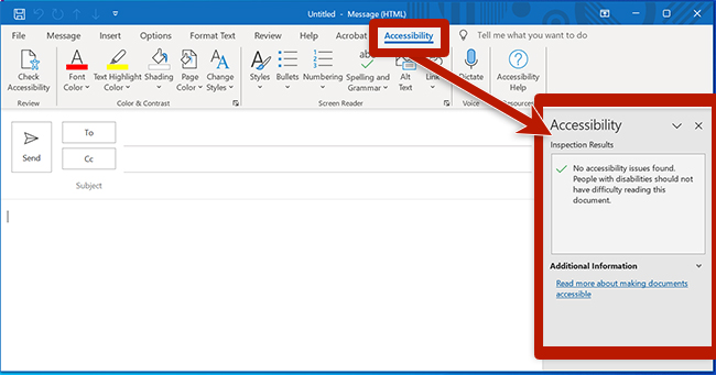 screenshot of the accessibility ribbon and accessibility inspection results in outlook for windows