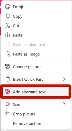Screenshot highlighting the add alternate text tool from the right-click dialog in Outlook.
