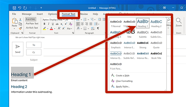 screenshot of the heading styles ribbon in Microsoft outlook for windows