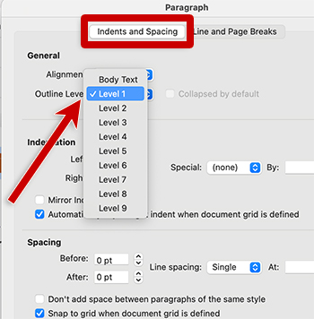 screenshot of the paragraph formatting dialog box in outlook for mac