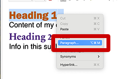screenshot of sample text in an email and the-down menu to edit paragraph formatting