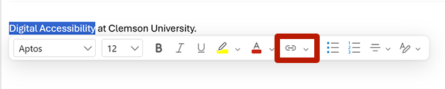 Screenshot highlighting the hyperlink tool in the pop up toolbar in Microsoft outlook for windows. 
