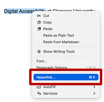 Screenshot highlighting the hyperlink tool in the right-click dialog in Microsoft outlook for windows. 