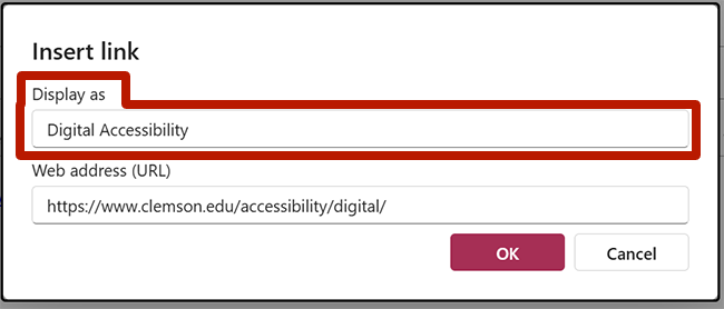 Screenshot highlighting the Display As field in the Hyperlink dialog in Microsoft outlook for windows. 