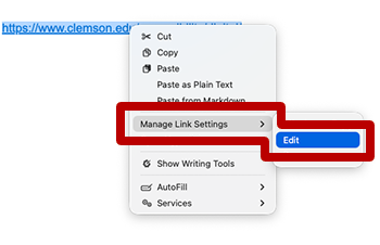 Screenshot highlighting the hyperlink edit tool in the right-click dialog in Microsoft outlook for mac. 