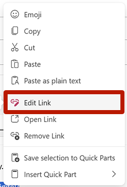 Screenshot highlighting the edit link tool in the right-click dialog in Microsoft outlook for windows. 