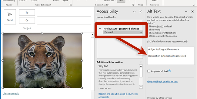 screenshot of a composed outlook message with a photo of a tiger and the expanded alt text window