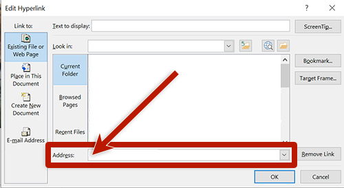 screenshot of the link dialog box in outlook with an arrow pointing to URL field