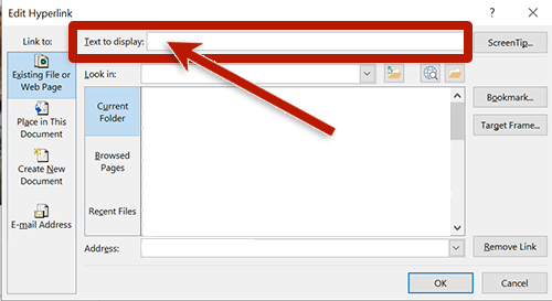 screenshot of the link dialog box in outlook with an arrow pointing to the link text field