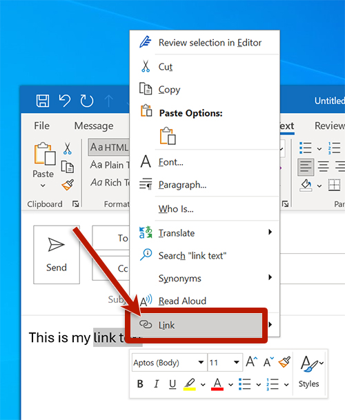 screenshot of the context menu in outlook
