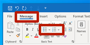 screenshot of the lists buttons in microsoft outlook
