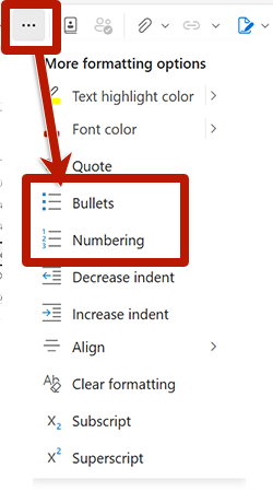 Screenshot highlighting the list formatting in the message toolbar of Microsoft Outlook. 