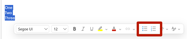 Screenshot highlighting the list formatting in floating toolbar of Microsoft Outlook.
