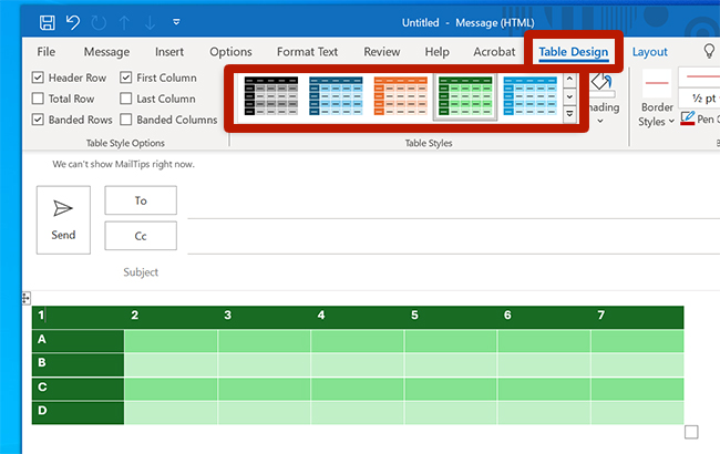 screenshot showing how to select table colors in Microsoft outlook