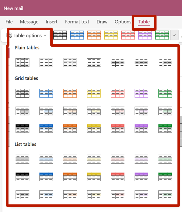 Screenshot highlighting the table color options from the Table toolbar in Microsoft Outlook for Windows.