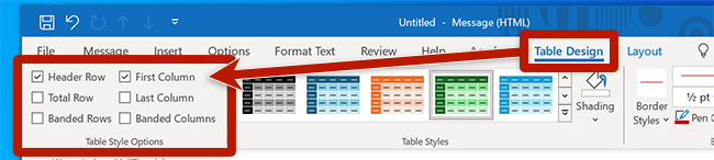 screenshot of new email with a sample table in the body and highlighted header styling