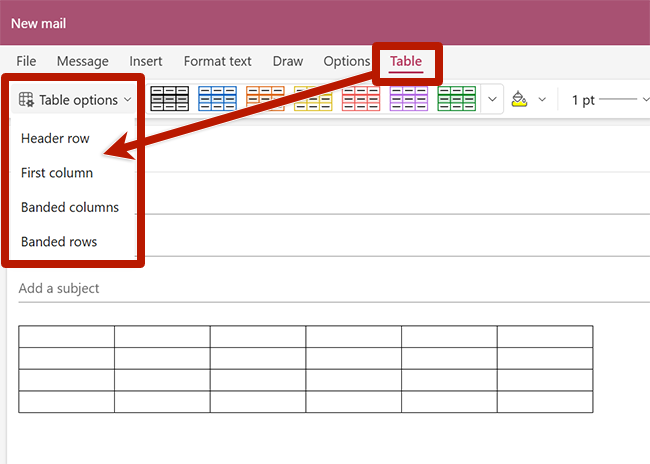 Screenshot highlighting the table header options from the Table toolbar in Microsoft Outlook for Windows.