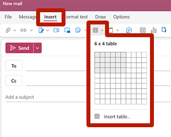 Screenshot highlighting the insert table tool in the insert toolbar in Microsoft Outlook for Windows. 